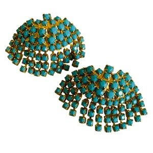 Vintage Mid-Century Faux Turquoise And Goldtone Cascading Shoe Clips
